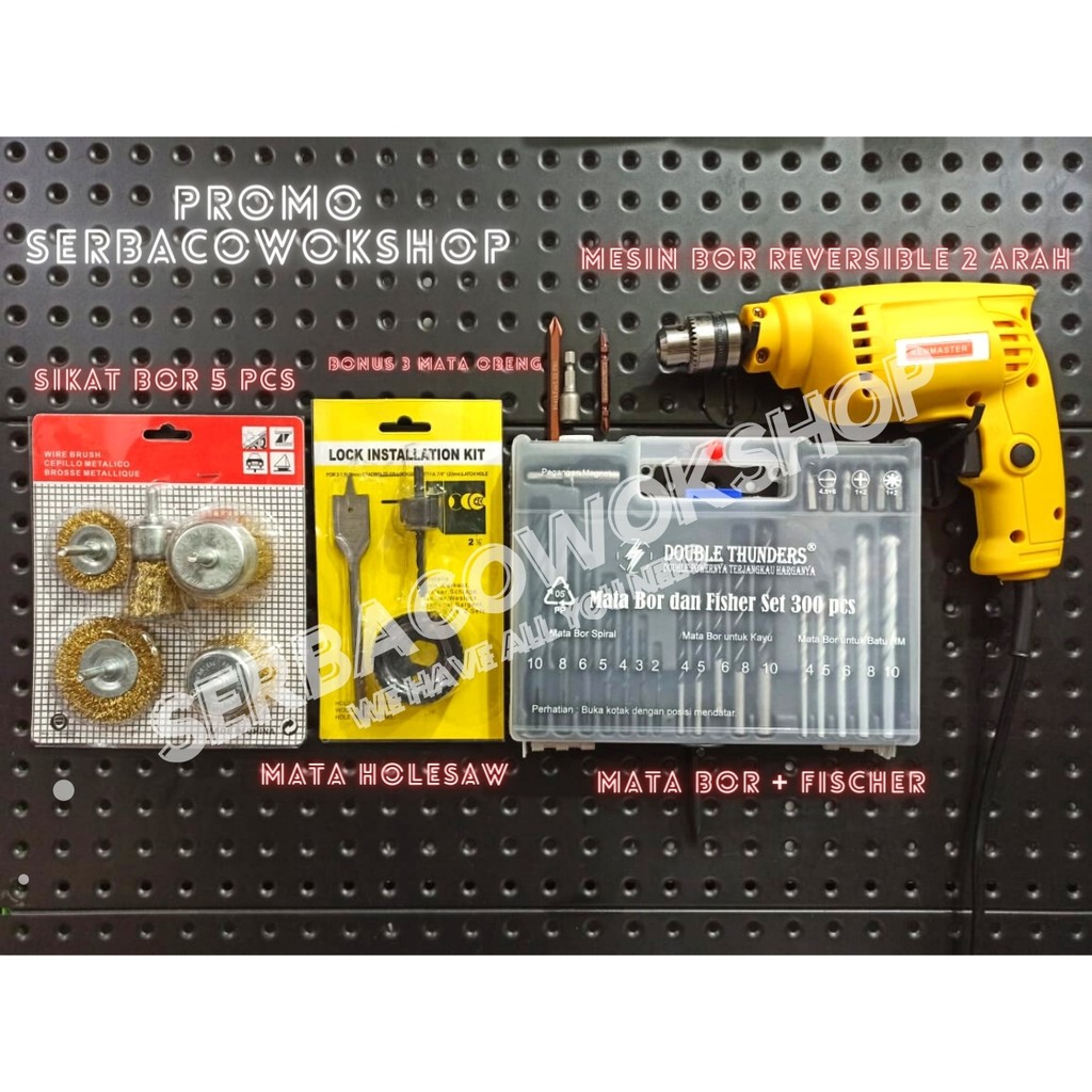 Paket Lengkap Mesin Bor 10 mm 2 Arah + Mata Bor Fischer + Sikat Bor Mangkok + Mata Bor Holesaw