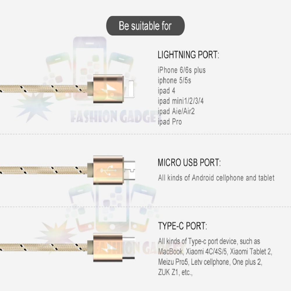 HIGH SPEED Kabel Data USB 3 in 1 Fast Charger Lightning Compatible for iOS + Micro USB + Type C