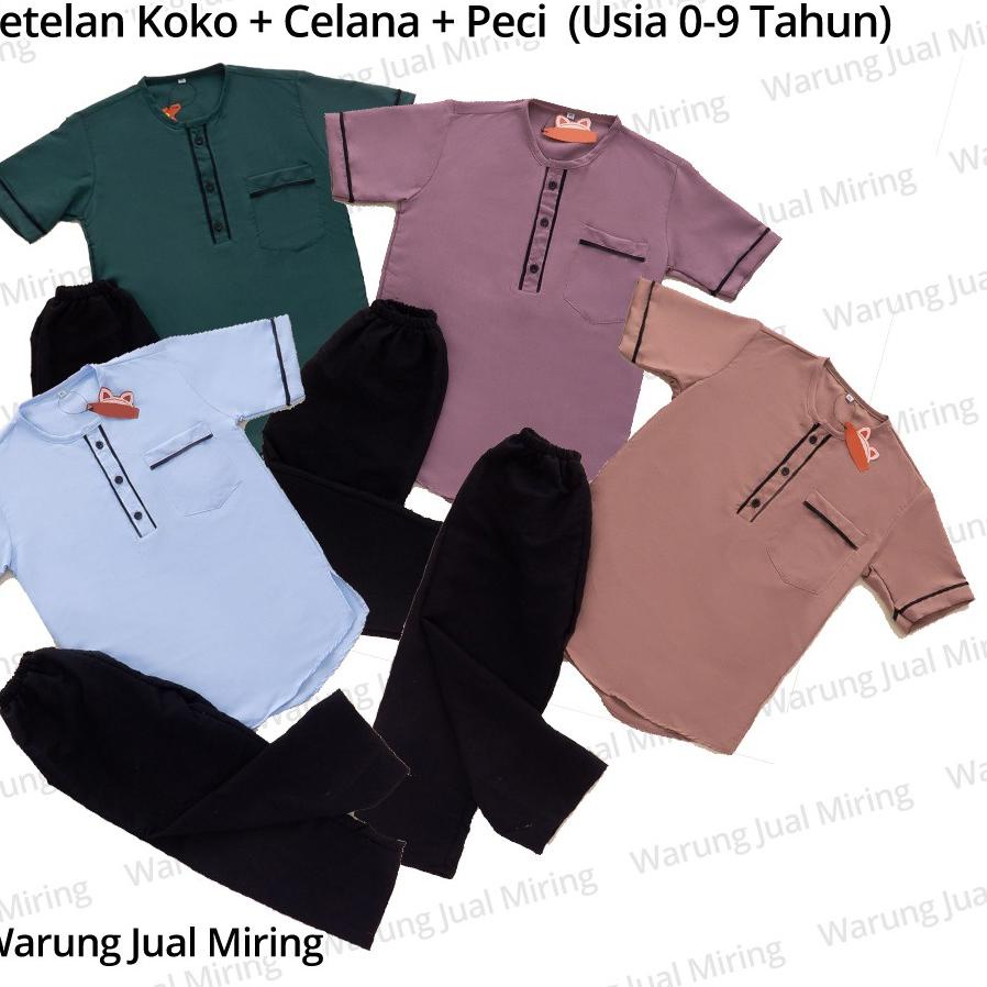 ❀ Setelan Anak Baju Koko Celana Panjang Peci Set Sarkoci Kemeja Kurta Polos Kain Katun Laki Cowok Ne