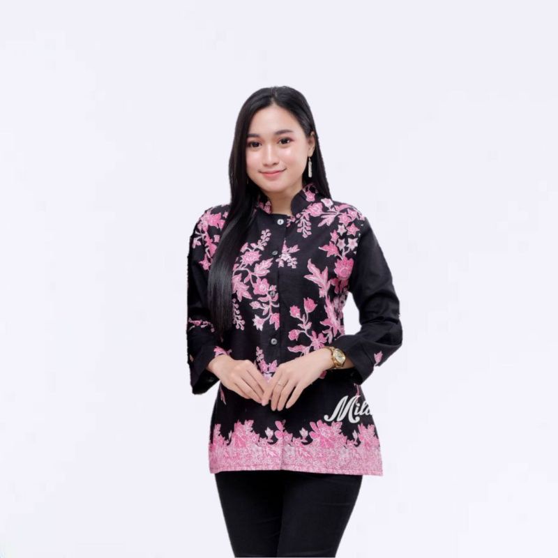 tey-17 Batik wanita ASJ SA HRB026 Kenongo Kemeja Tosca Pendek-B anggrek pink