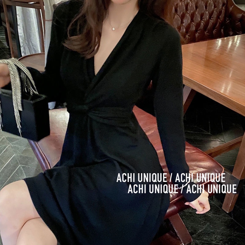 knitted V-neck dress cross thin A- line dress waist-controlled long sleeves