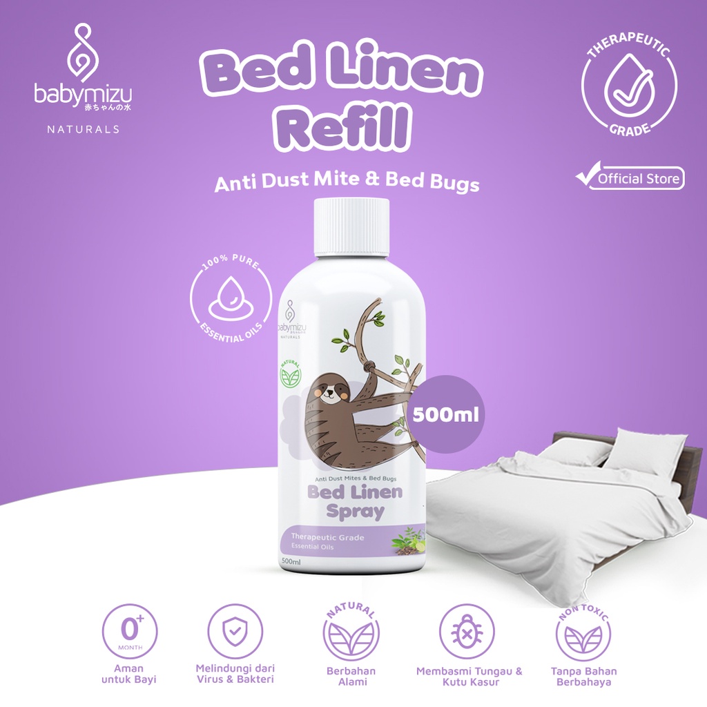 BABYMIZU Bed Linen Spray Natural Refill 500 ml - Spray Anti Tungau, Kutu Kasur, Kutu Busuk, Semut, Kecoa, Anti Bacterial &amp; Anti Virus