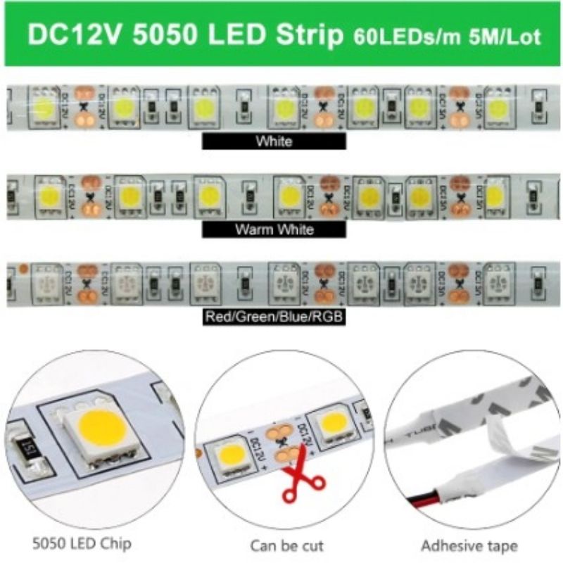 Lampu Led Strip LIGHT Mata Besar 5050 12V/24V per Roll 5 Meter