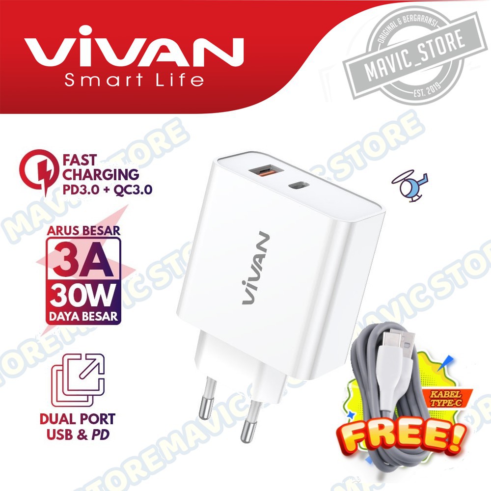 Vivan Power Blitz Charger Fast Charging 30W PD and QC3.0 With Kabel TYPE-C - Garansi Resmi 1 Tahun