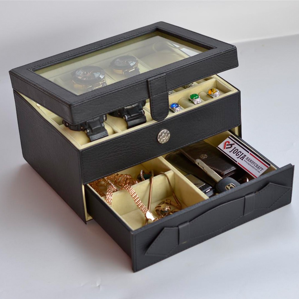 Kotak Tempat Jam Tangan Sport &amp; Tempat Perhiasan Hitam Cream / Watch Box