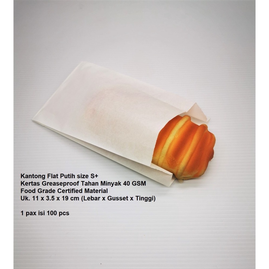 

100 Pcs Paperbag Putih Flat S+ 11x3,5x19 (S+) Anti Minyak GX50/201103 gorengan kebab