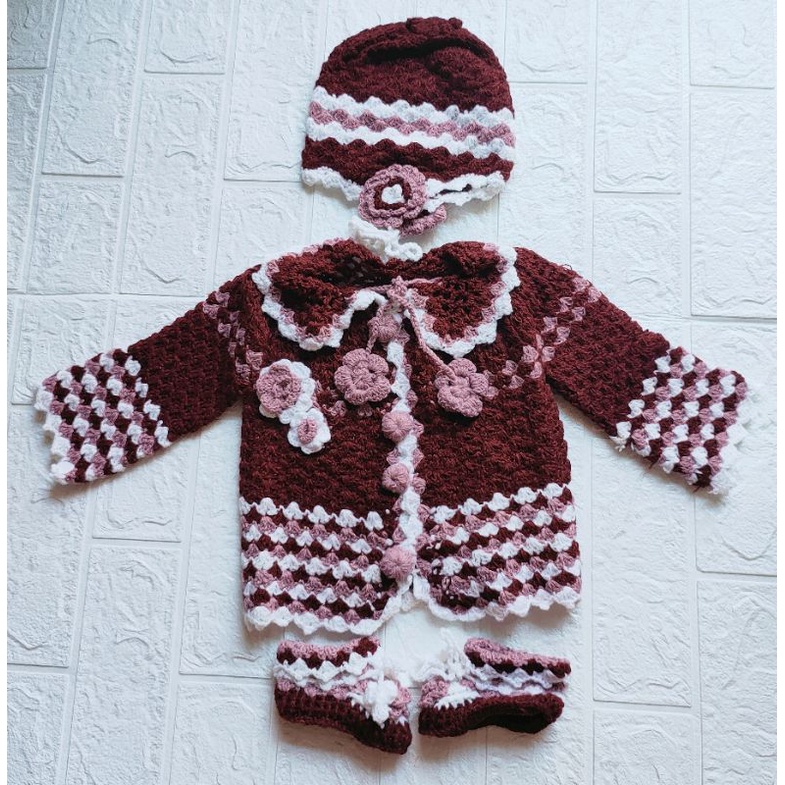 baju rajut bayi set topi dan sepatu / jaket rajut bayi