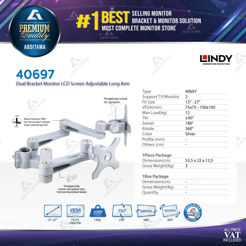 Bracket LCD LED TV LINDY Dual Adjustable Long Arm 13&quot; ~ 27&quot; - 40697