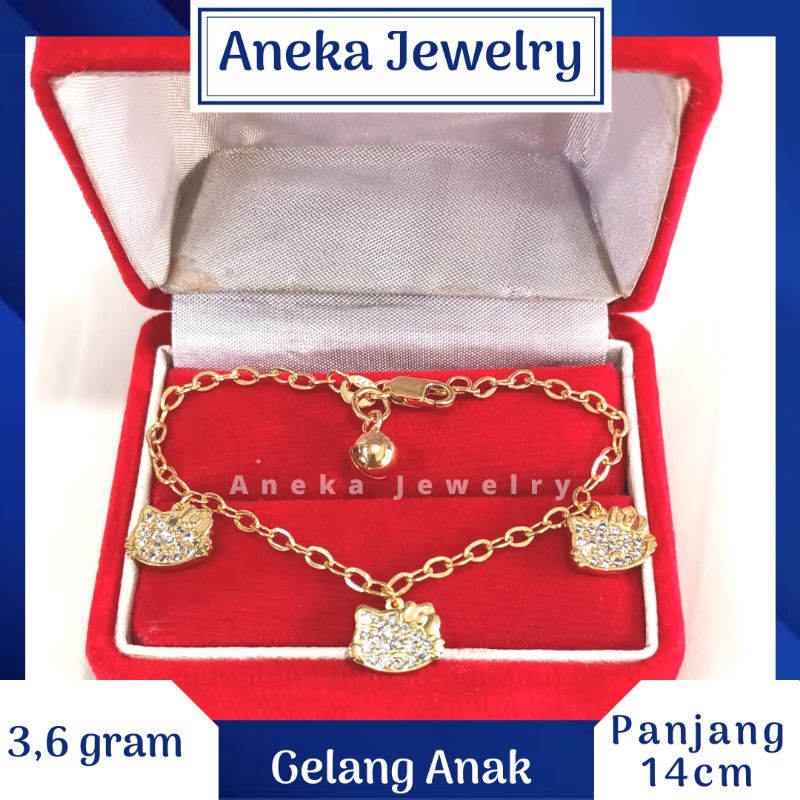 Gelang Anak Holo Gantung Hello Kitty Mata2, Perak 925, Sepuh Emas Rosegold