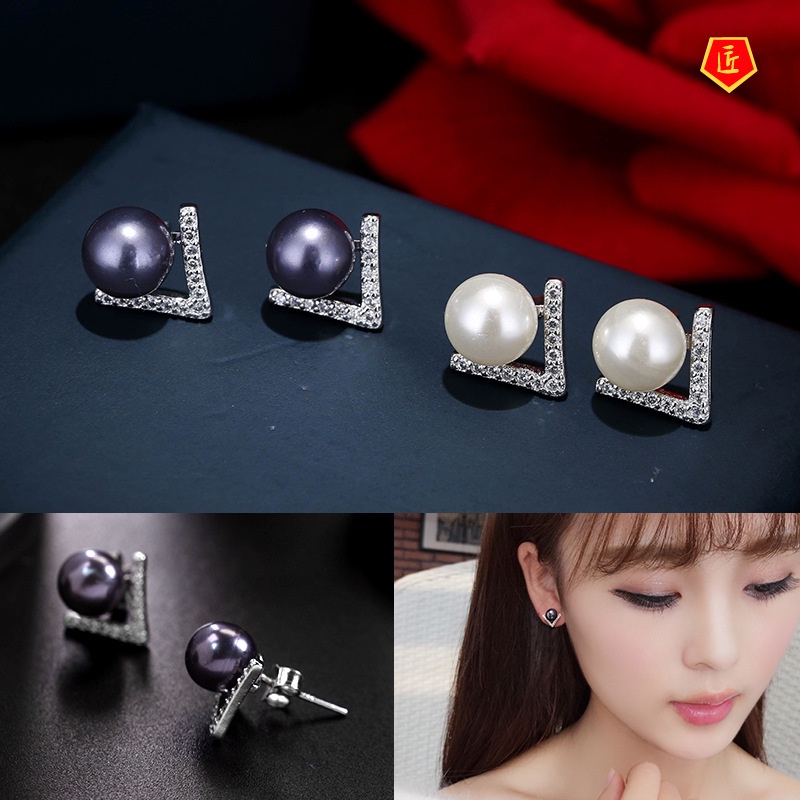 [Ready Stock]Korean-Style Elegant Pearl V-Shaped Stud Earrings