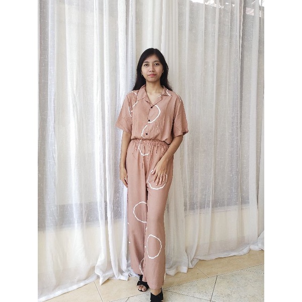 One Set Setelan Tie Dye Bali Kemeja Lengan Pendek - ONE SET Piyama Tie Dye Wanita & Pria GROSIR-GKS DustyPinkShibori