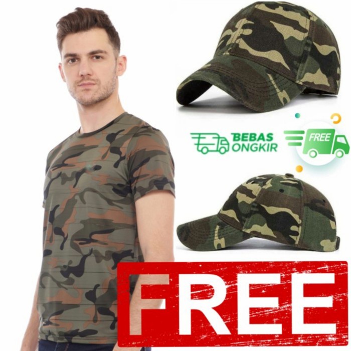 Topi Pria (FREE TOPI) Kaos Army gym pria fitnes drifit + Topi loreng camo hijau(R4I0) Topi Baseball 