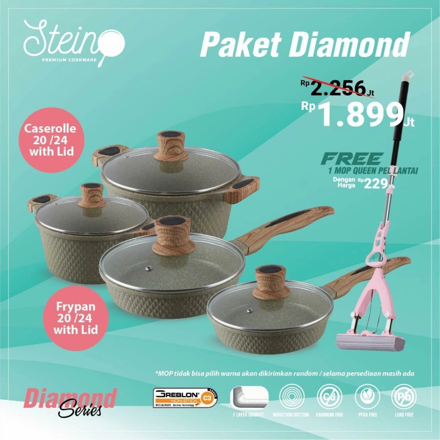 Panci Set - Paket Daimond ( Isi 4 pcs ) - Steincookware + BONUS MOP
