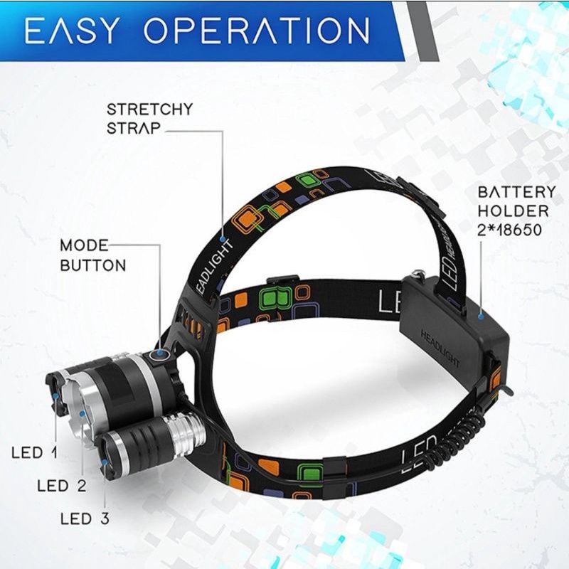 Senter Kepala Headlamp 3 LED XM-L 3T6 (senter kepala+baterai+chas)