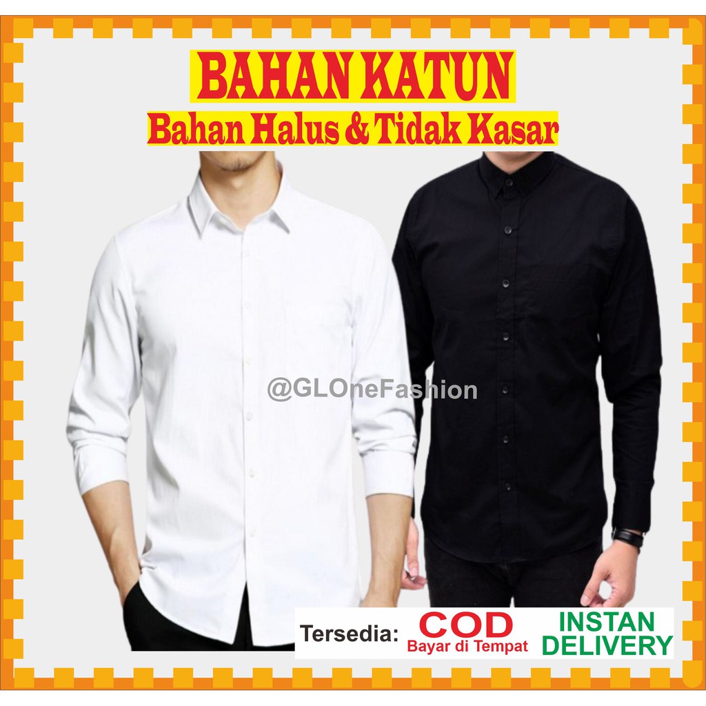 Baju/Kemeja Lengan Pajang untuk Kerja Kantor Formal warna Putih Hitam polos bahan katun pria/cowok
