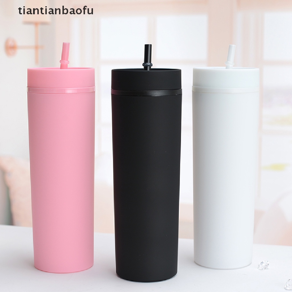 [tiantianbaofu] 1pc Reusable Skinny 16oz Plastic Tumbler Double Wall Tumbler with Straw Boutique