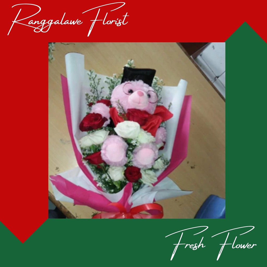 Buket Bunga Wisuda Plus Boneka Beruang Pink Fresh Flower Murah Surabaya