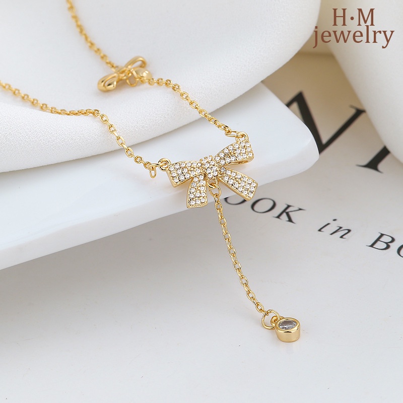 Kalung Rantai Sterling Silver 925 Dengan Liontin Pita Hias Berlian Imitasi Untuk Wanita