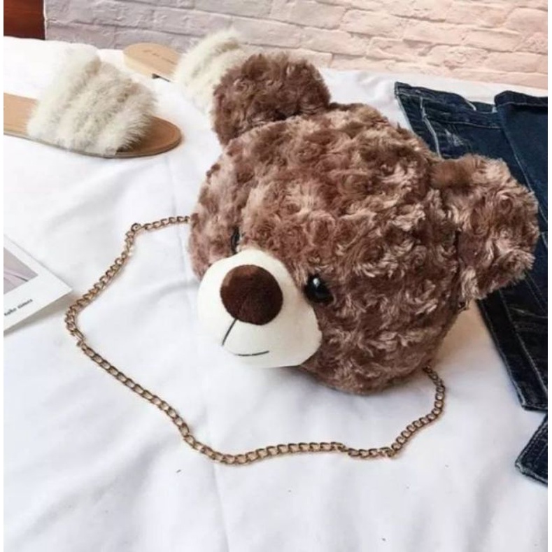 tas selendang kepala boneka motif beruang