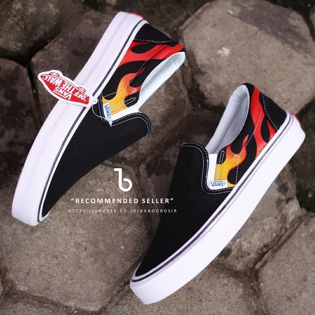 PROMO Sepatu Slip On Pria dan Wanita | Vans Slip On Flame Black White TOP Premium, Kualitas Original Harga Murah