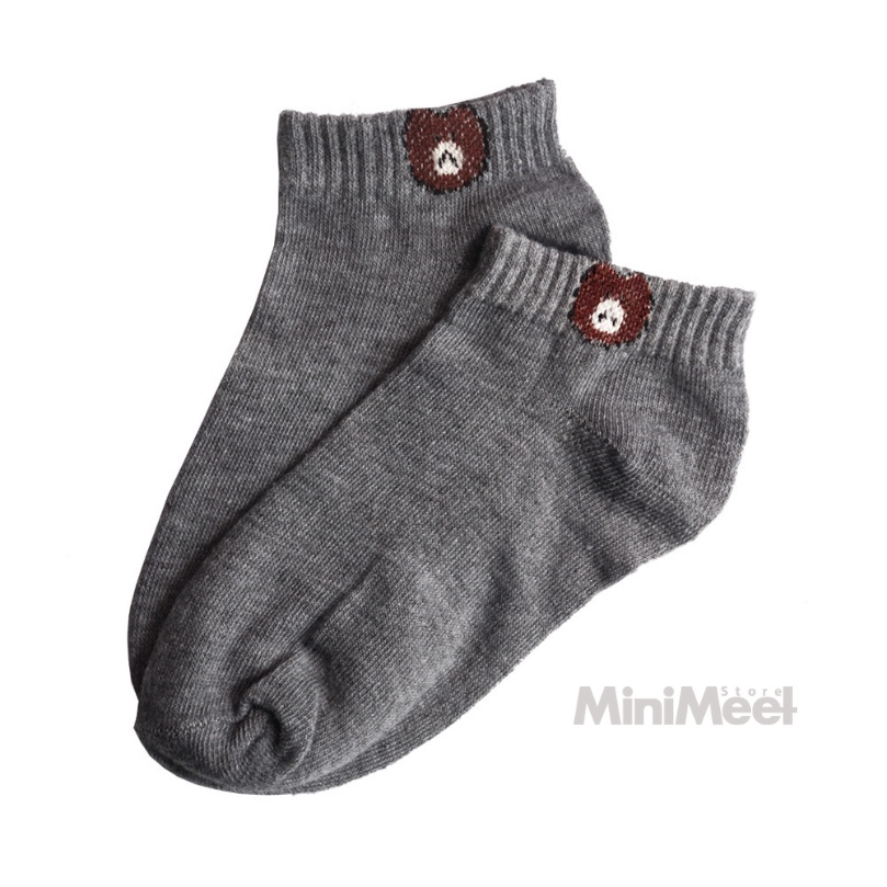 Kaos Kaki Bear Brown dan Daisy Pendek Mata Kaki Wanita Lucu Unik-Bear-Abu muda