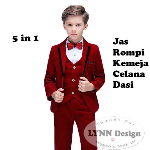 2- 10 tahun PREMIUM Setelan jas anak tuxedo 5 in 1 Maroon Merah