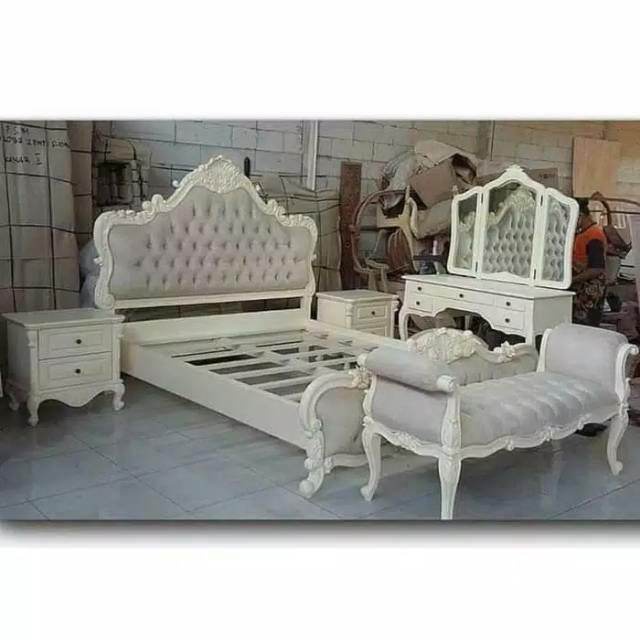 Tempat Tidur Set Plus Stool Nakas Meja Rias Bahan Kayu Jati Cat Warna Putih Duco Pengiriman dari Jep