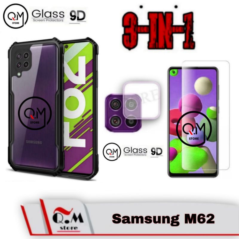 PAKET 3-IN-1 Case Samsung M62 Softcase Transparan TPU High Quality Free Tempered glass 9D Full Layar