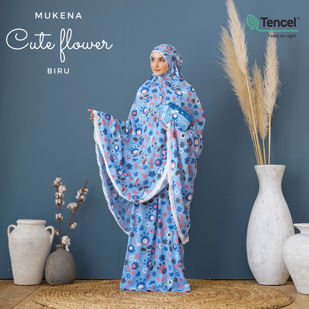 Mukena Cute Flower Biru (Free Tas Pouch &amp; Box)