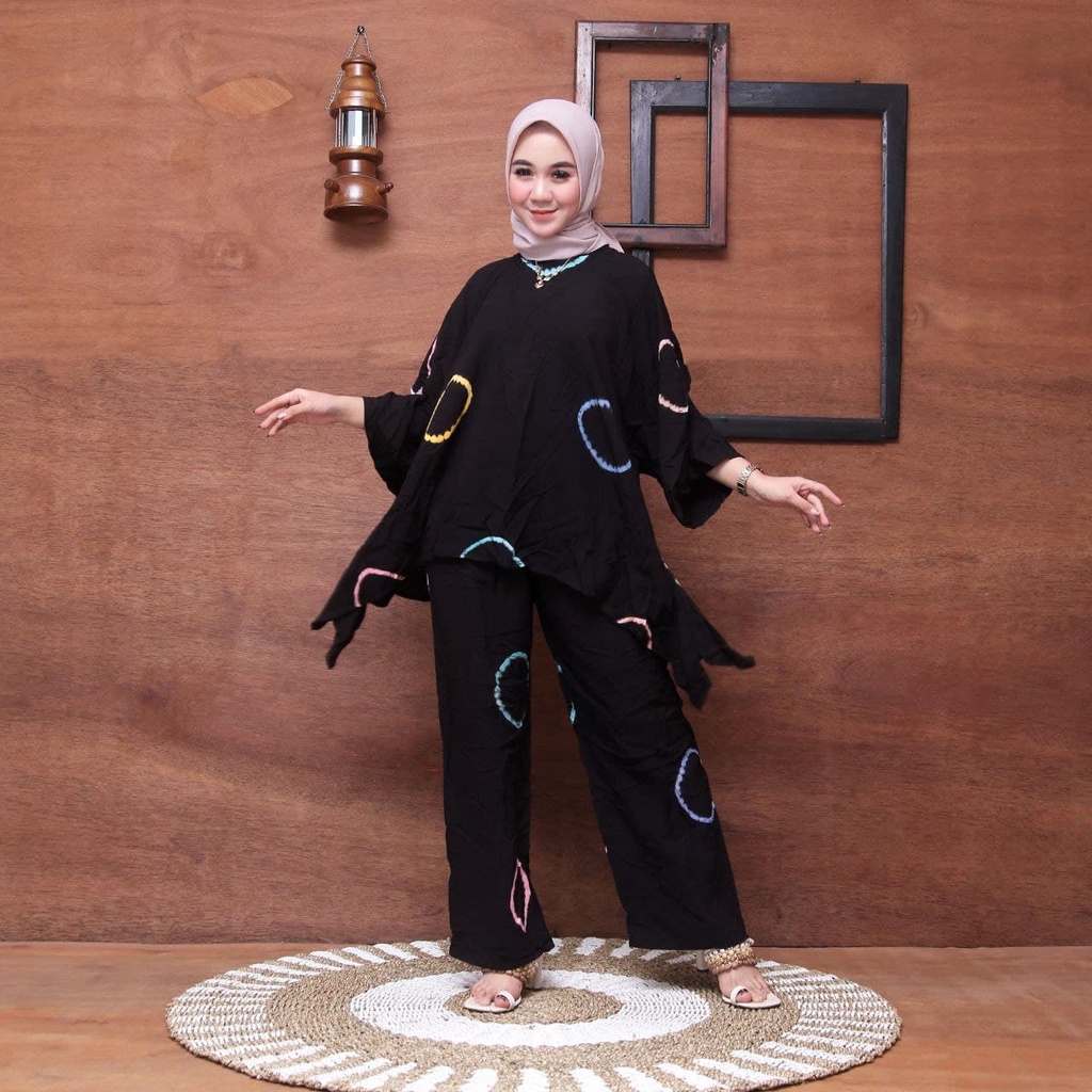 Batwing One Set Wanita Jumbo Rayon Premium Setelan Wanita Batik Waka Waka Lengan 7/8 Set Celana Panjang Kekininan LD 140 cm