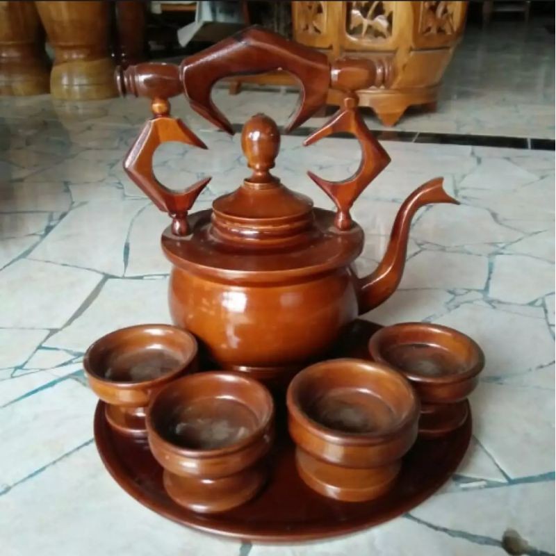 teko dan cangkir set dekorasi souvenir kayu jati