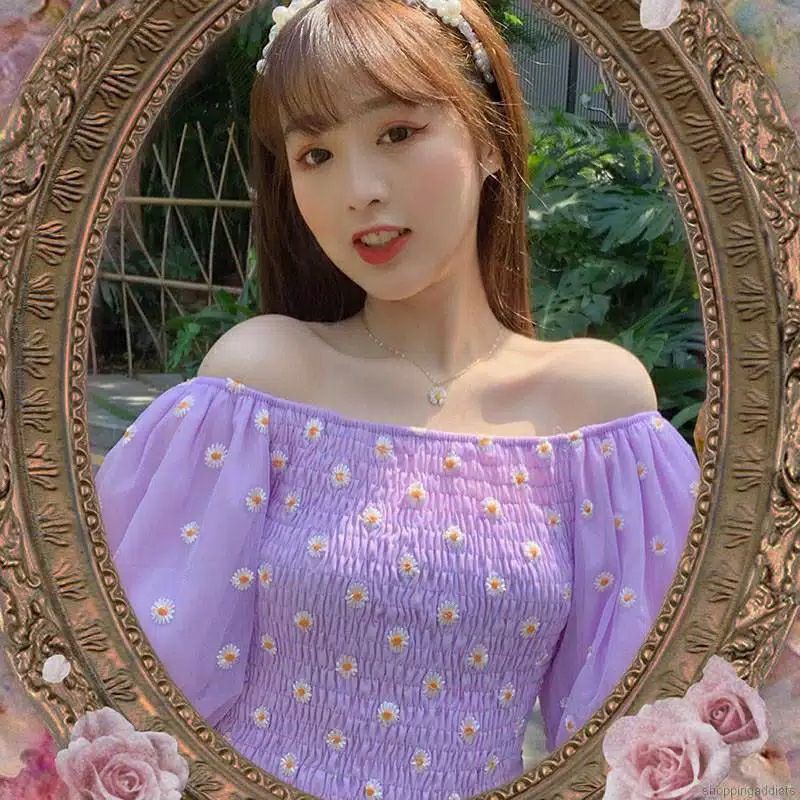 Blouse Wanita Crop Top Lilac Lengan Pendek Tanpa Tali Motif Bunga Daisy Kecil