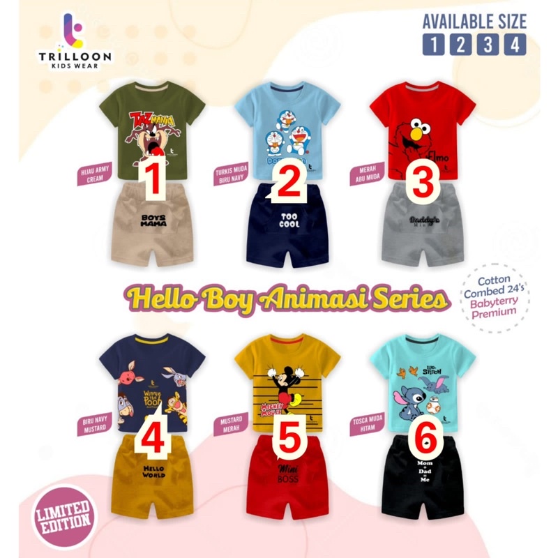 RAF TRILLOON KIDSWEAR Hello Boy Animasi Series Pakaian Baju Setelan Atasan Bawahan Anak Laki-Laki Tr