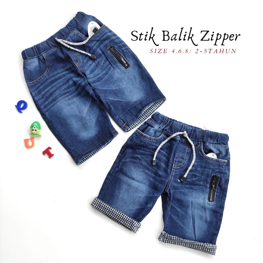 (2-8/9Thn) Jeans Pendek Anak Laki Laki Cowok Stik Balik Zipper