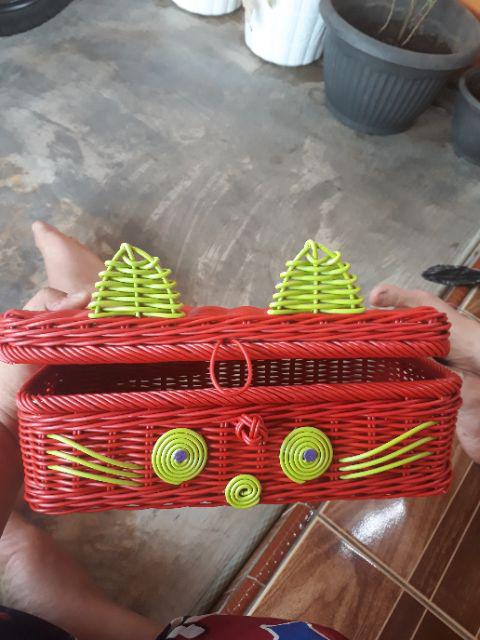 Tempat Tisu Rotan Sintetis Hello Kitty - Tempat Tisyu Karakter Kucing - Tempat Tissue Mobil Unik