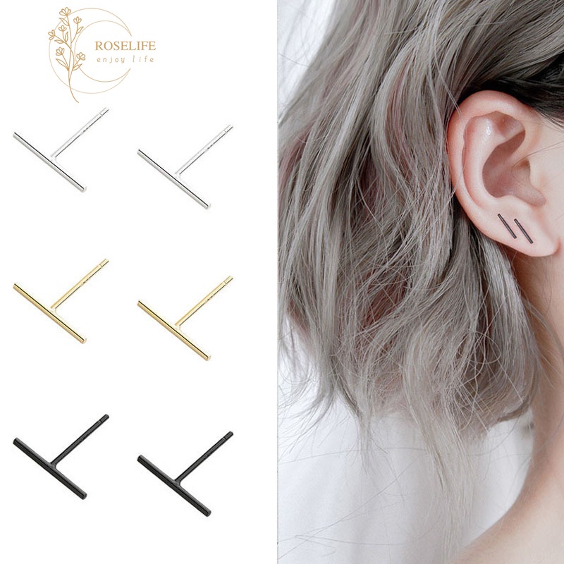 Roselife S925 Unisex Casual Simple Strip Bar Stud Earrings for Women Man Fashion Ear Jewelry 1pair