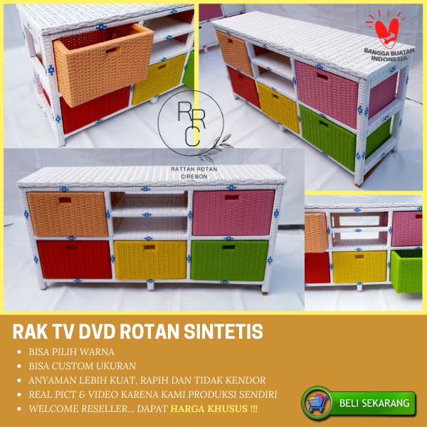 Meja TV DVD Lemari Rak Laci 5 Rotan Sintetis Besar Plastik Kabinet Minimalis
