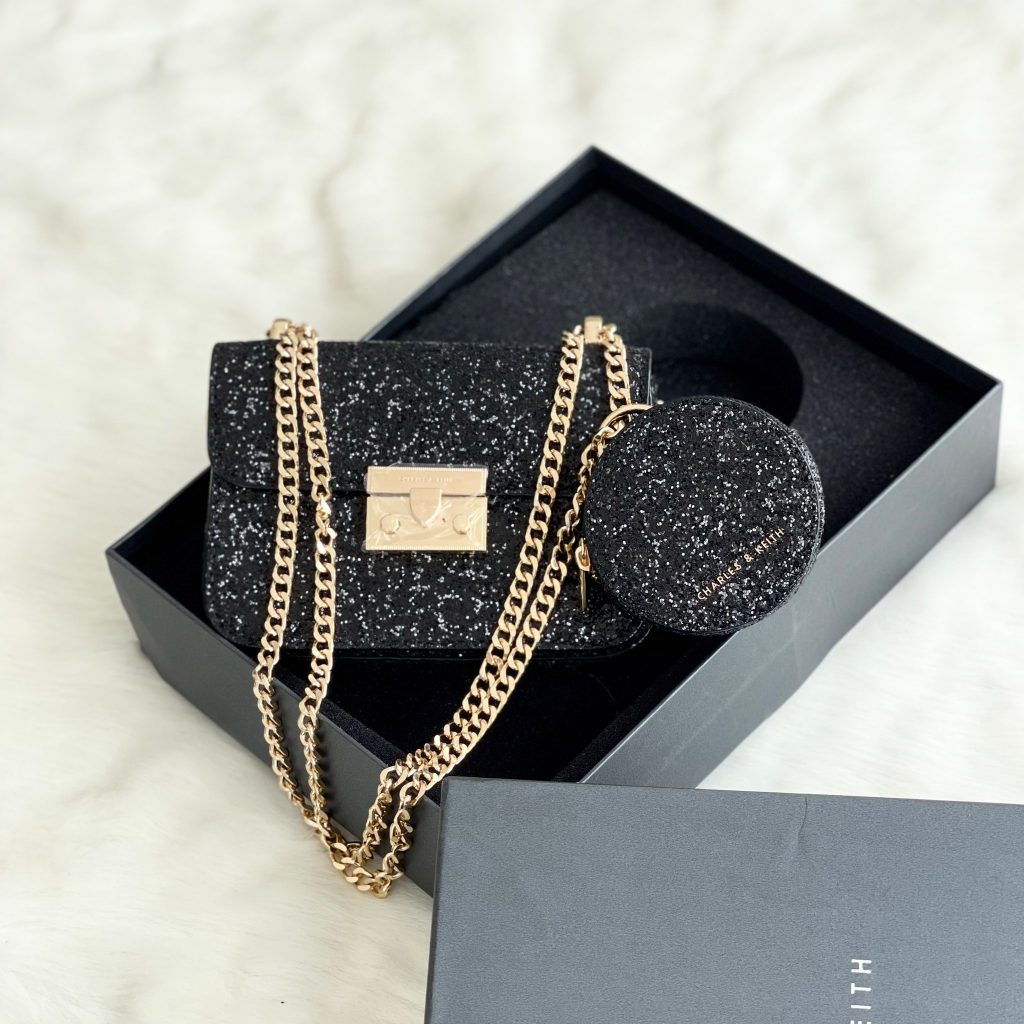 C653 Tas Selempang CK CharlesnKeith Glitter Turn Lock Crossbody Bag Gift Set