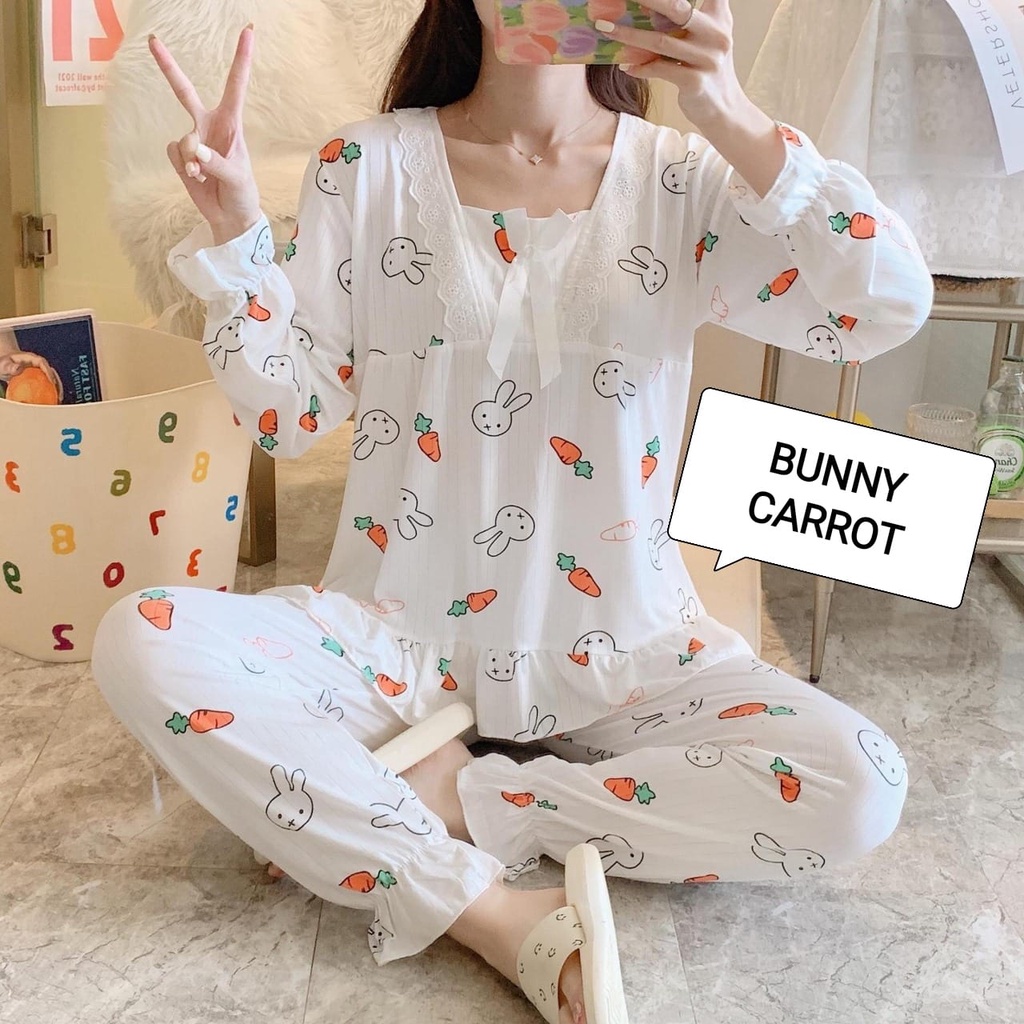 PIYAMA LACE WANITA IMPORT SETELAN BAJU TIDUR KOREA IMPOR DAILY SANTAI LENGAN PANJANG