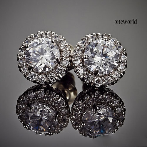 OW@ Women Wedding Engagement 18K White Gold Plated Round Rhinestone Stud Earrings