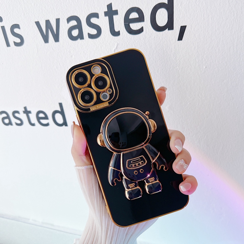 Soft Case Silikon Electroplated Pelindung Lensa Dengan Stand Astronaut Untuk iPhone 13 12 11 Pro Max X XR XS SE 2020 Max 8 7 6 6s Plus