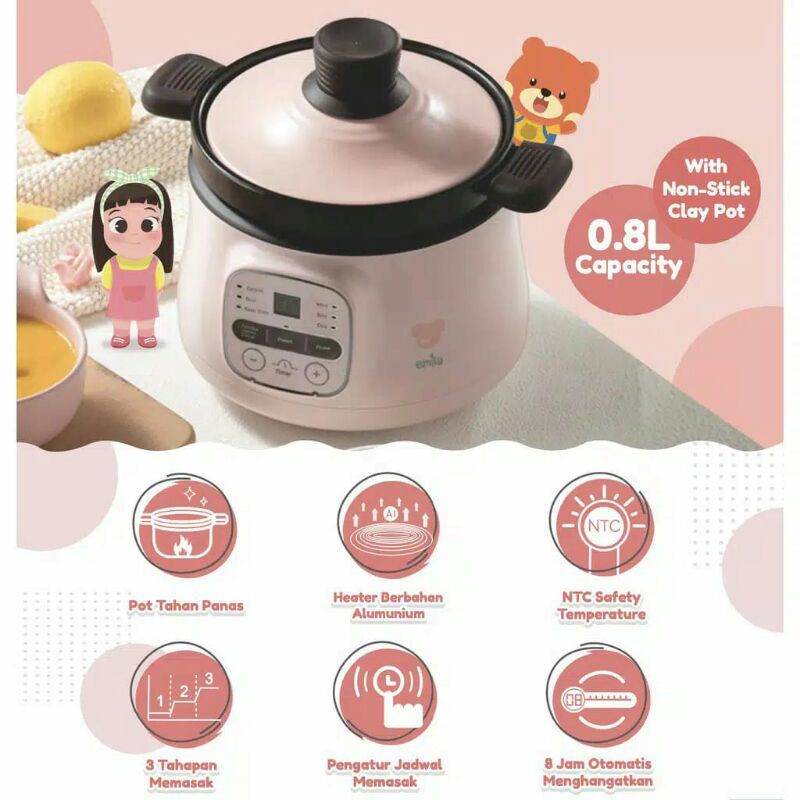 Emily Slow Cooker 0,8L 1L Claypot Slowcooker MPASI bayi