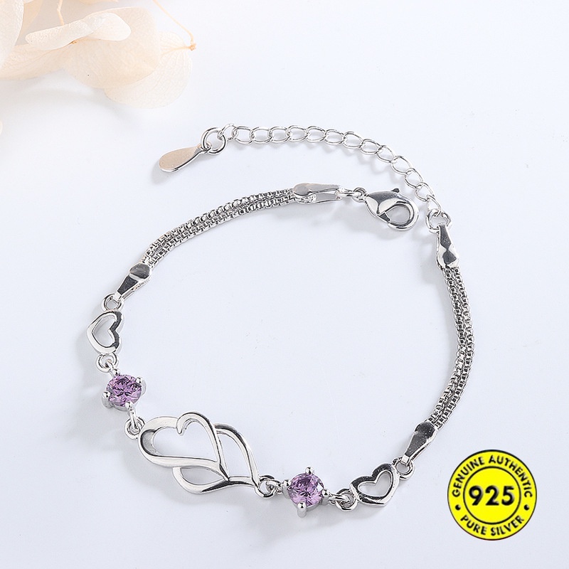 Gelang S925 Silver Bentuk Hati Hollow Aksen Kristal Berlian Untuk Wanita Clover