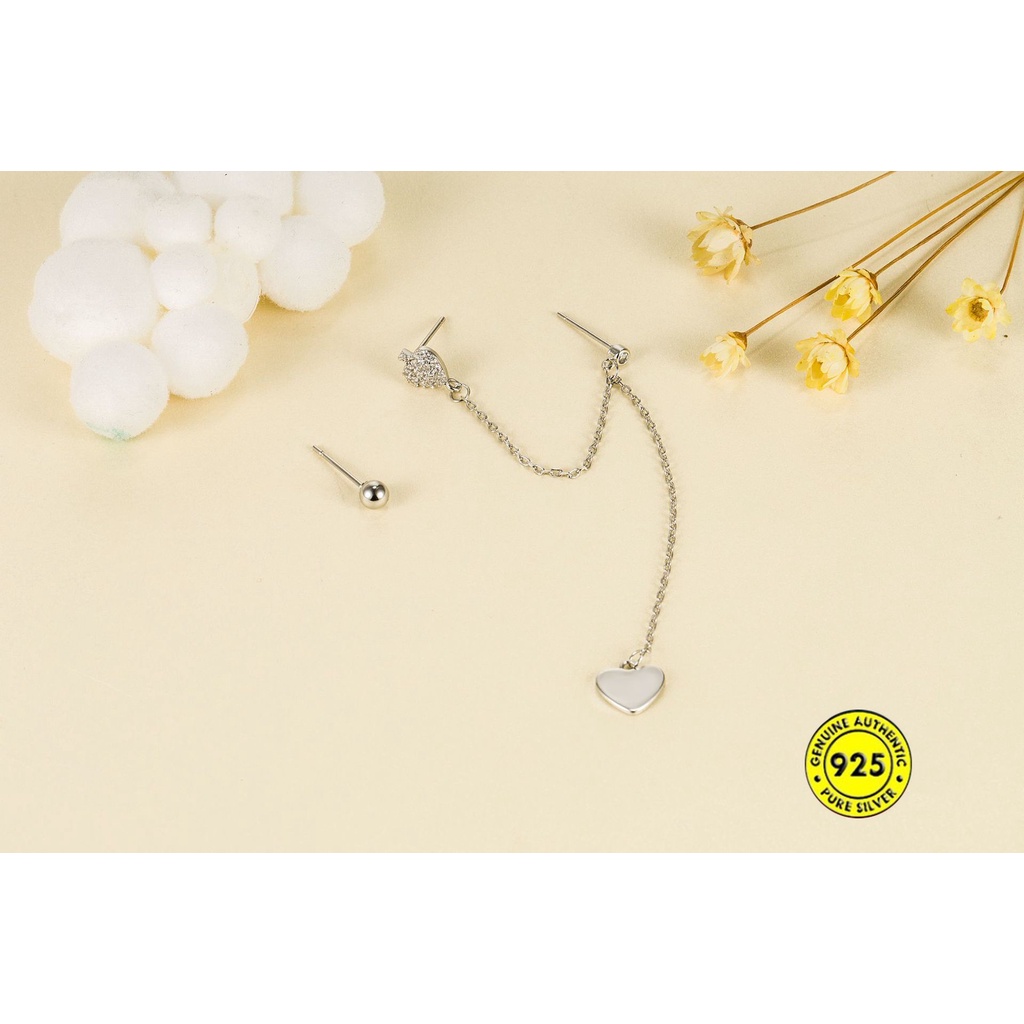 Anting Tusuk Asimetris Bahan Sterling Silver 925 Desain Hati Untuk Wanita