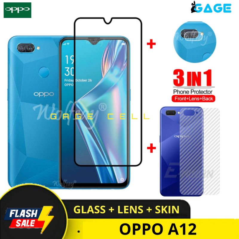 PAKET 3IN1 TEMPERED GLASS LAYAR KAMERA SKIN CARBON OPPO A12 TG ANTI GORES FULL SCREEN PROTECTOR