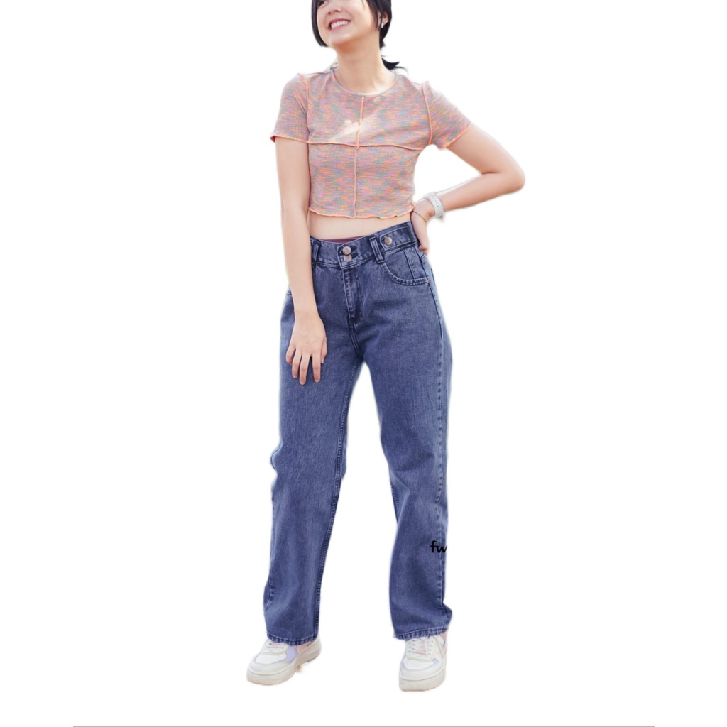 FWR - Highwaist Loose Jeans Pinggang Karet Korean Style