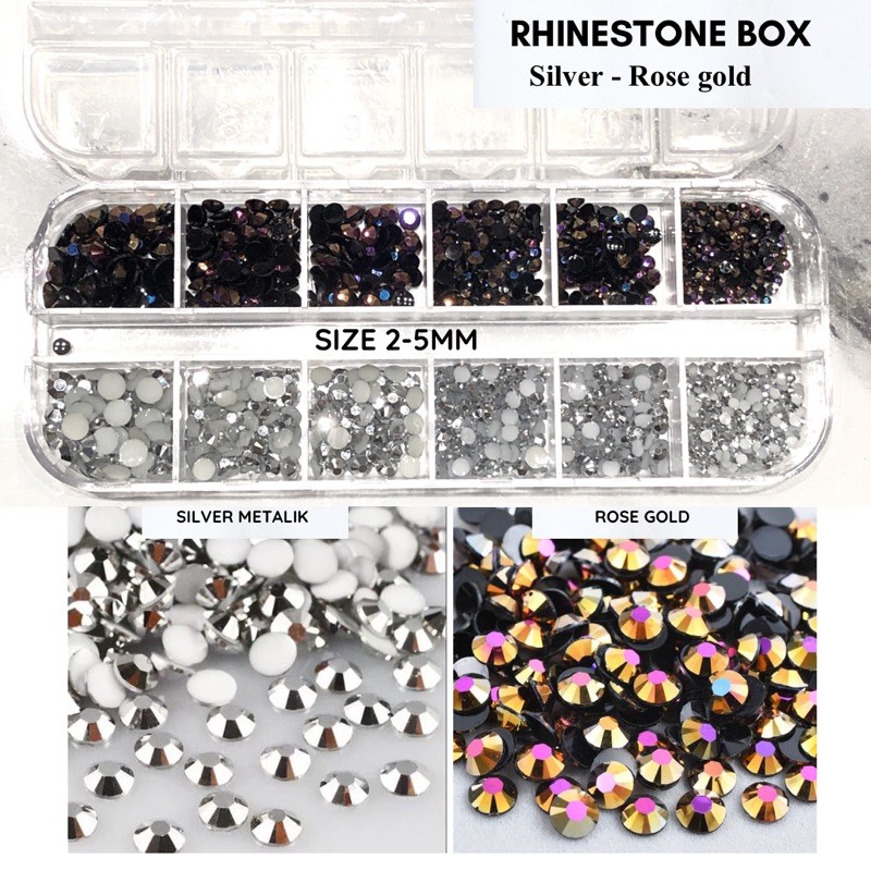 -+34000pcs FREE BOX Rhinestone box Silver-rose gold size 2-5mm gemstone henna