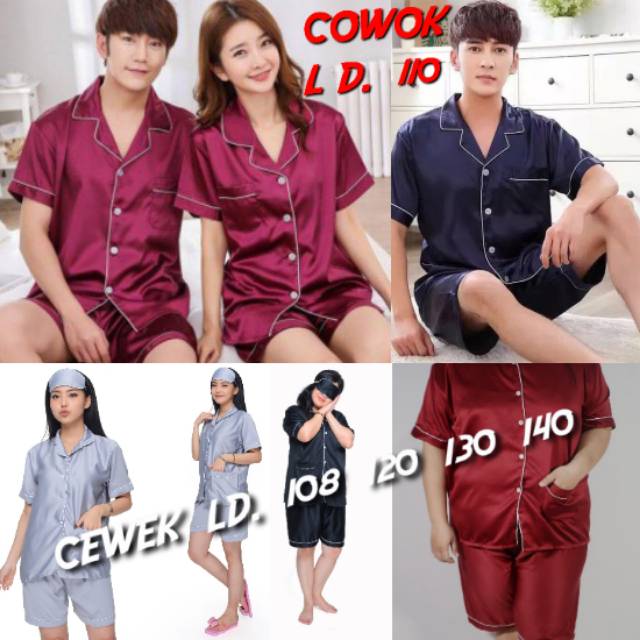 Baju tidur satin couple celana pendek setelan piyama pasangan pria dan wanita dewasa ld 120 130 140