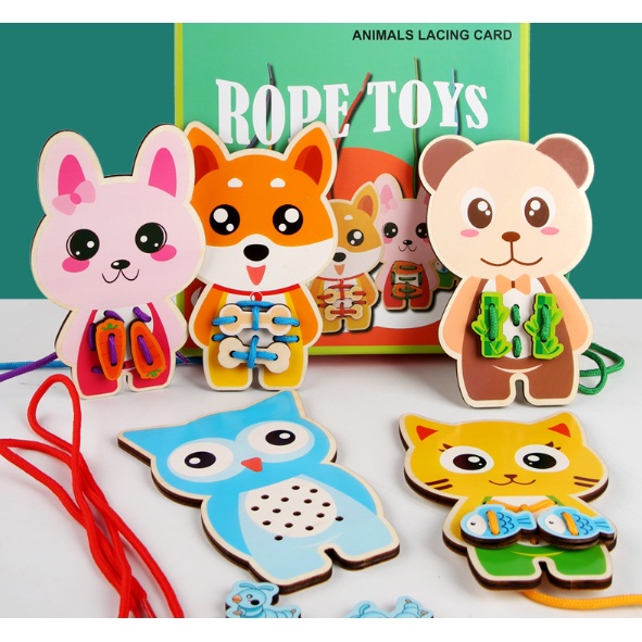 THREADING TOY / Mainan Edukasi Duoqu ANIMAL LACING CARD / DIY ROPE TOYS / Mainan Montessori Toys Meronce / Mainan Belajar Menjahit / Lacing Toys / DIY Menjahit Boneka Kayu