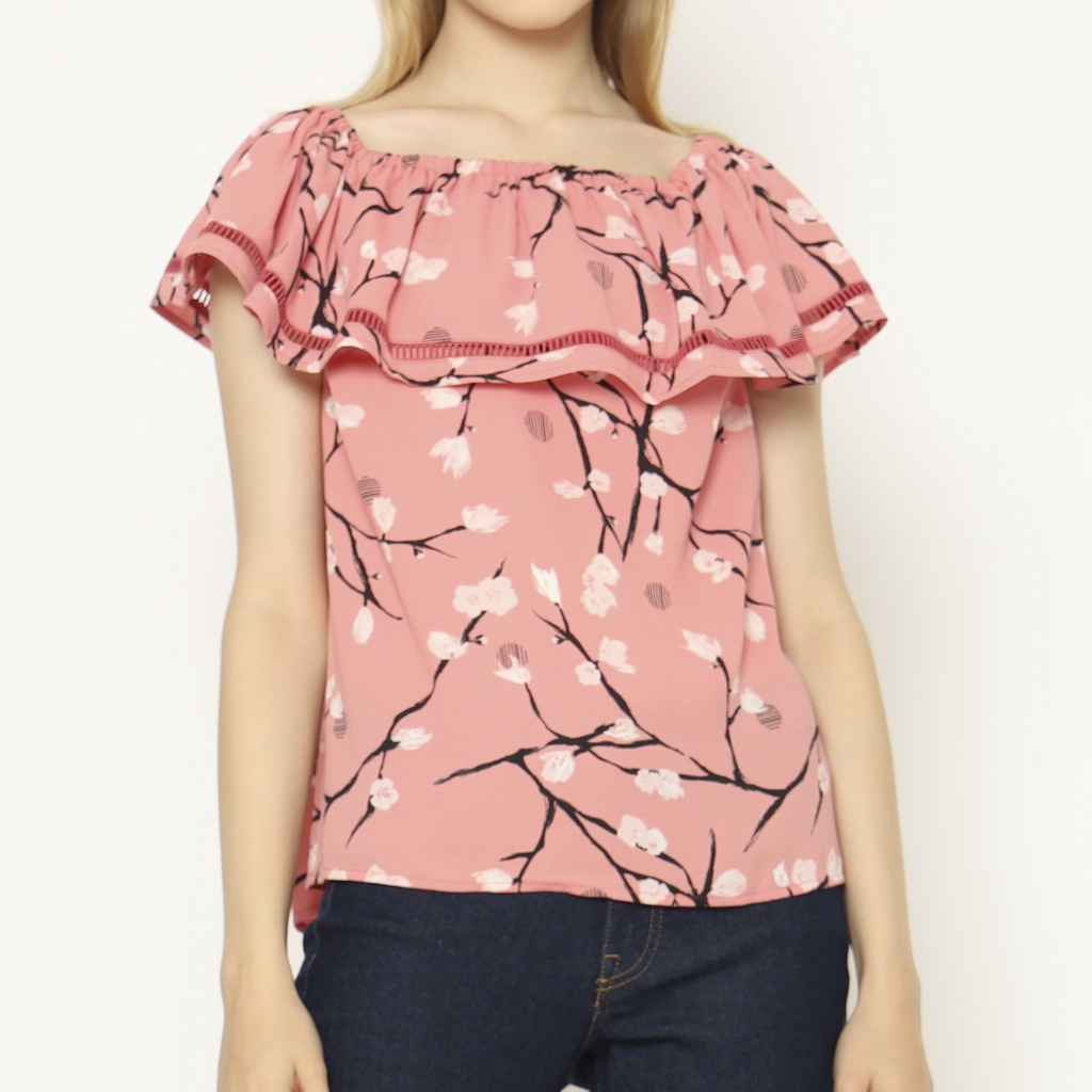 Sabrina Sakura - Blouse Lengan Pendek - Atasan Wanita Off Shoulder Pink Motif Bunga PA61/PA8